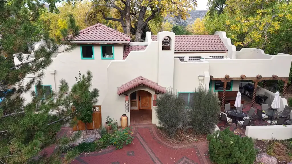 Harmony Village footpaths and homes with the Rocky Mountain foothills in the background