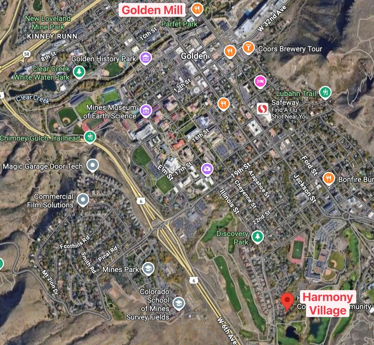 Map preview of Harmony Village in Golden, Colorado with nearby streets and trails