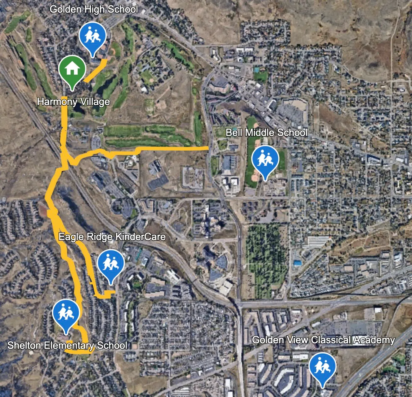 Annotated map showing nearby schools and bike paths around Harmony Village